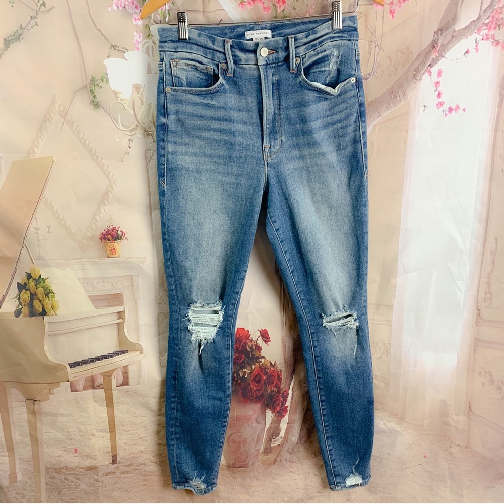 Good American Tear Down Hem Skinny Ankle Distressed Jeans - Picture 2 of 10